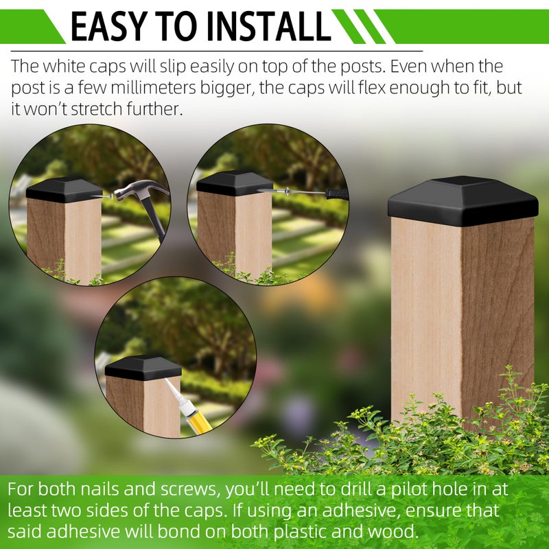TonGass (6-Pack, Black) 4x4 (3 5/8"") Wood Fence Post Caps - Wooden Fence Deck Post Covers - Durable Plastic Water-Proof and UV-Proof - Protect Wooden Fence Poles from Cracking and Rotting - Image 5